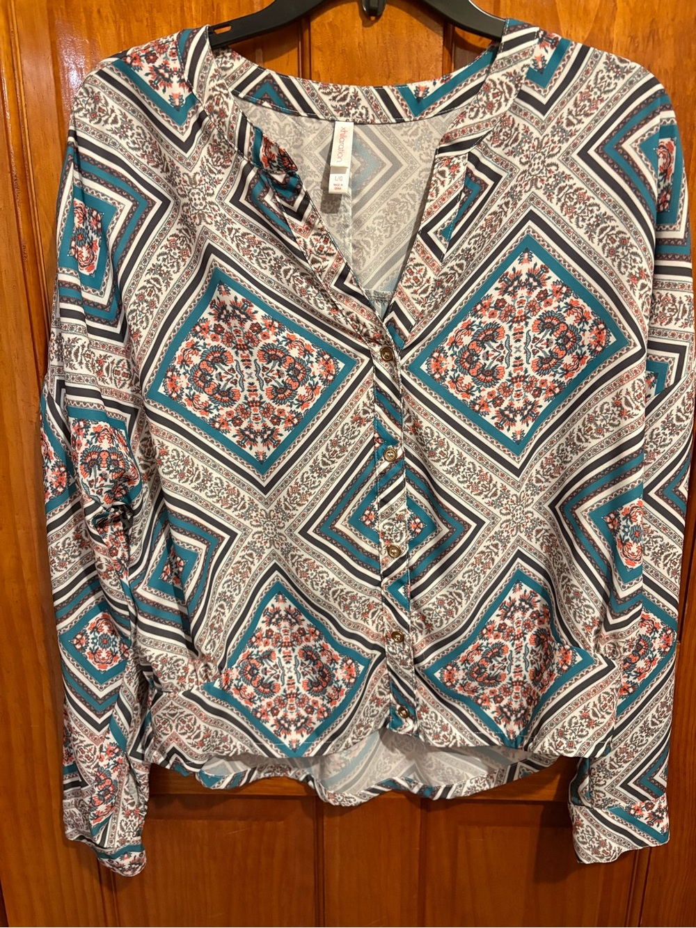 Xhilaration Teal, Coral & Tan Patterned Button-Front Blouse